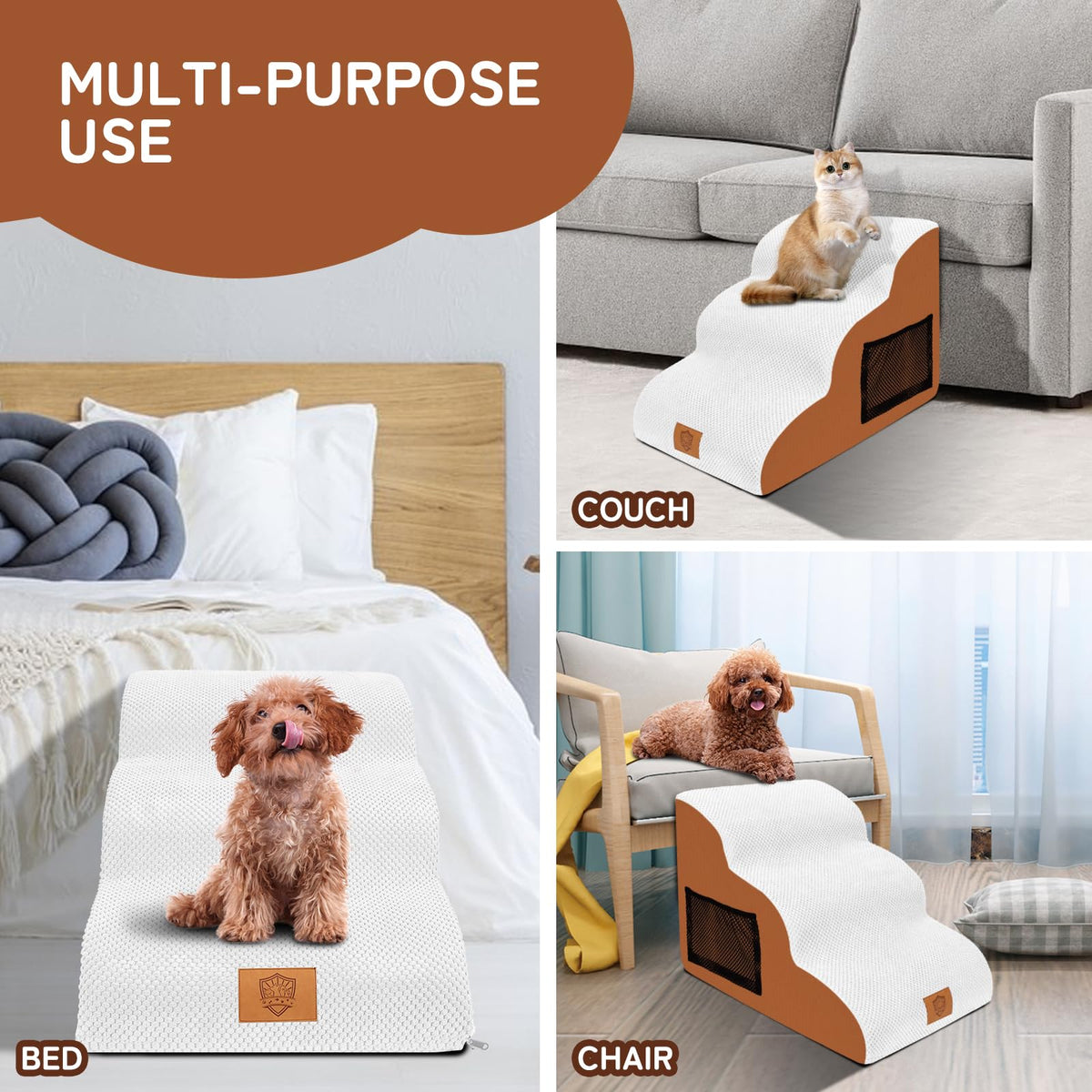 3-Tier High-Density Foam Pet Stairs with Washable Cover