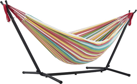 Double Cotton Hammock with Space Saving Steel Stand, Tropical (450 lb Capacity- Premium Carry Bag Included), Tropical with Charcoal Frame, 2 Person