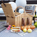 Picnic Hamper for 4 Persons with Double Lids and 'Built-in' Insulated Cooler, Natural Wicker Picnic Basket with Canvas Stripe Lining, Willow Picnic Set (Navy Stripe)