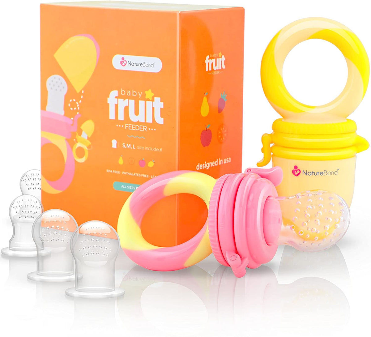 Baby Food Feeder/Fruit Feeder Pacifier (2 Pack) - Infant Teething Toy Teether in Appetite Stimulating Colors | Bonus Includes Silicone Sacs