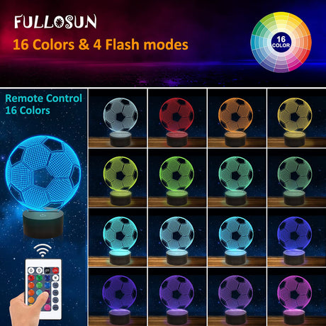 Soccer 3D Night Light for Kids,Football Optical Illusion LED Lamp,16 Colors Changing Remote Control Sports Fan Room Decoration Xmas Birthday Teen Boy