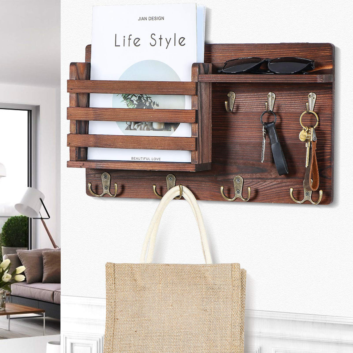 Mail Holder for Wall Mail Organizer with Key Hooks