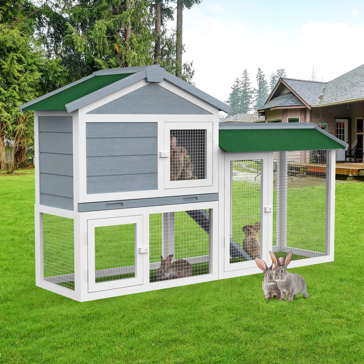 Two-Level Timber Small-Animal Hutch with Ramp & Sliding Tray – 145.5 cm