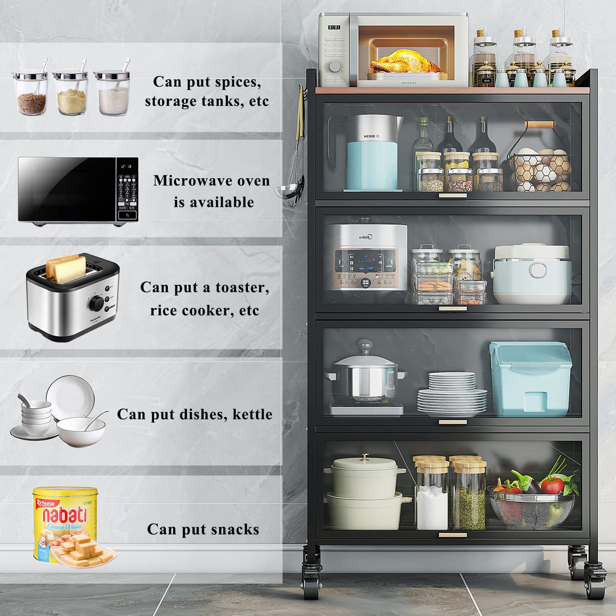 5-Tier Black Rolling Baker’s Rack with Hooks
