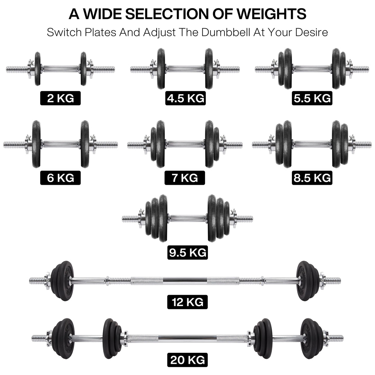 20kg Adjustable Dumbbell Set, One Set for All, Dumbbell and Barbell, Compact Hand Weight Set - Solid Cast Iron Plate with Steel Handle - Upgradable Home Gym Exercise Weight Set