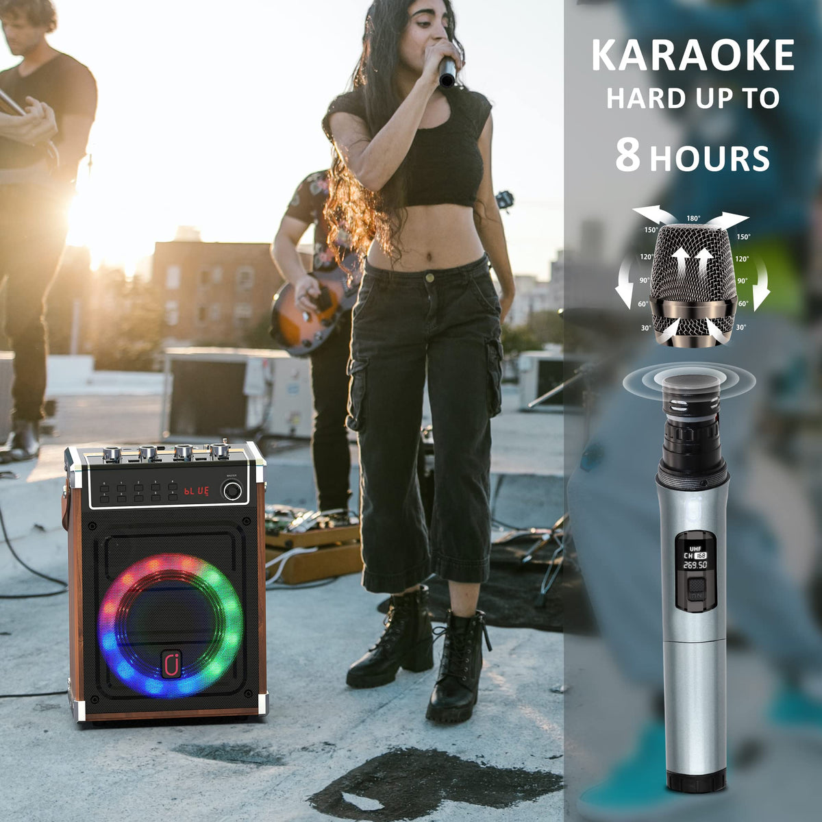 JYX Wood-Grain Karaoke Speaker with 2 Wireless Microphones