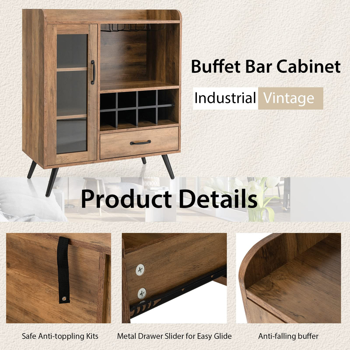Wine Cabinet, Buffet Sideboard with Removable Wine Rack, Drawer, Shelves, Tempered Glass Door & Glass Holder, Wooden Wine Storage Sideboard for Kitchen, Dining Room, Living Room