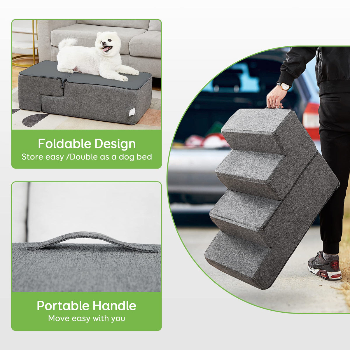 4-Step Grey Pet Stairs with Foam Core & Washable Cover – 45 cm