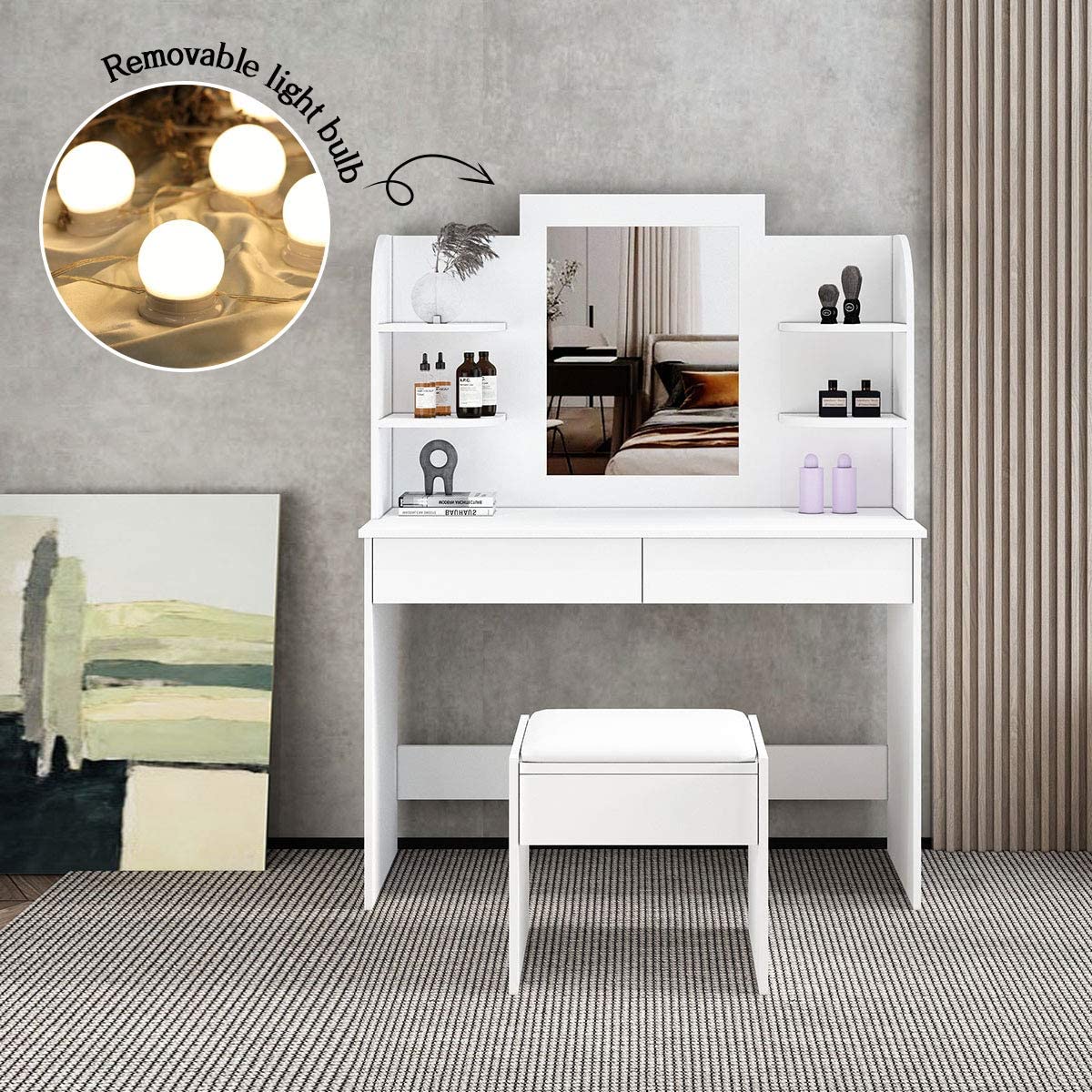 Luxsuite Dressing Table Stool Set with Led Light Makeup Vanity Table 2 Drawers Storage Shelves Mirror White