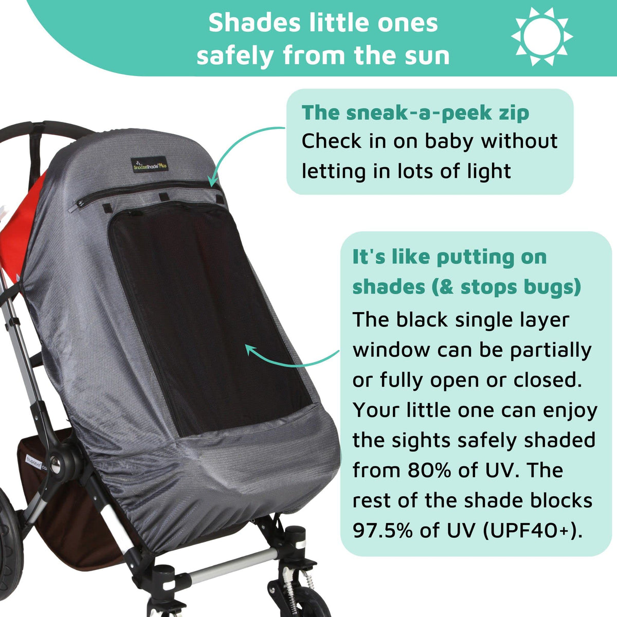 Universal Baby Pram & Stroller Sunshade (6m+) | UV Cover & Mosquito Net for Baby Strollers | Blocks up to 97.5% UV (UPF40+) | Portable Blackout Blind to Help Baby Sleep | SnoozeShade Plus Deluxe