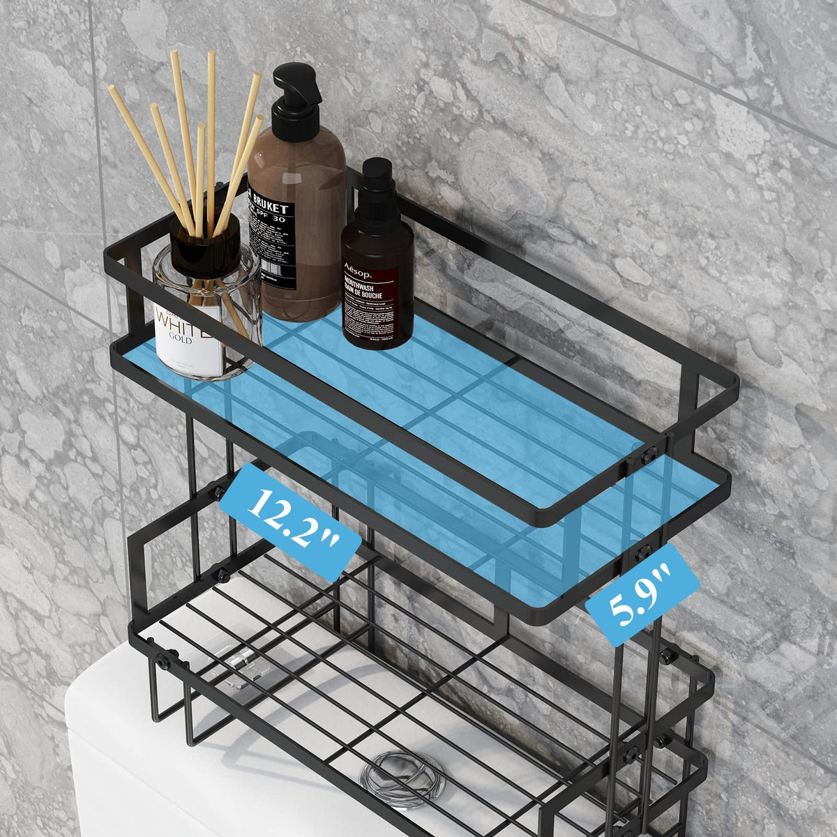 2-Tier Bathroom Over The Toilet Storage Shelf, Bathroom Storage Organizer with Toilet Paper Holder, Space Saver,Black