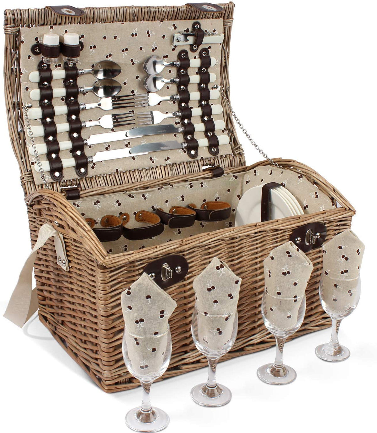 Willow Picnic Basket Set for 4 Persons, Natural Wicker Picnic Hamper with Tableware Set, Best Choice for Christmas, Thanksgiving, Birthday or Wedding
