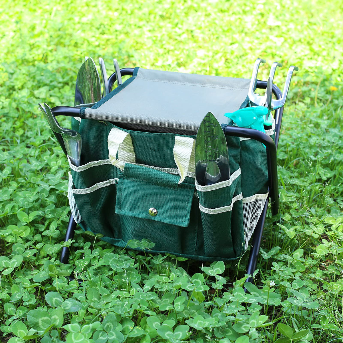 11-Piece Garden Tool Set with Folding Stool & Tote