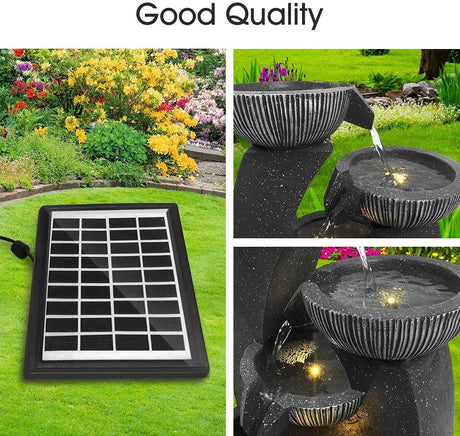 4-Tier Solar Water Fountain Garden Features Outdoor Indoor Bird Bath with LED Light Grey