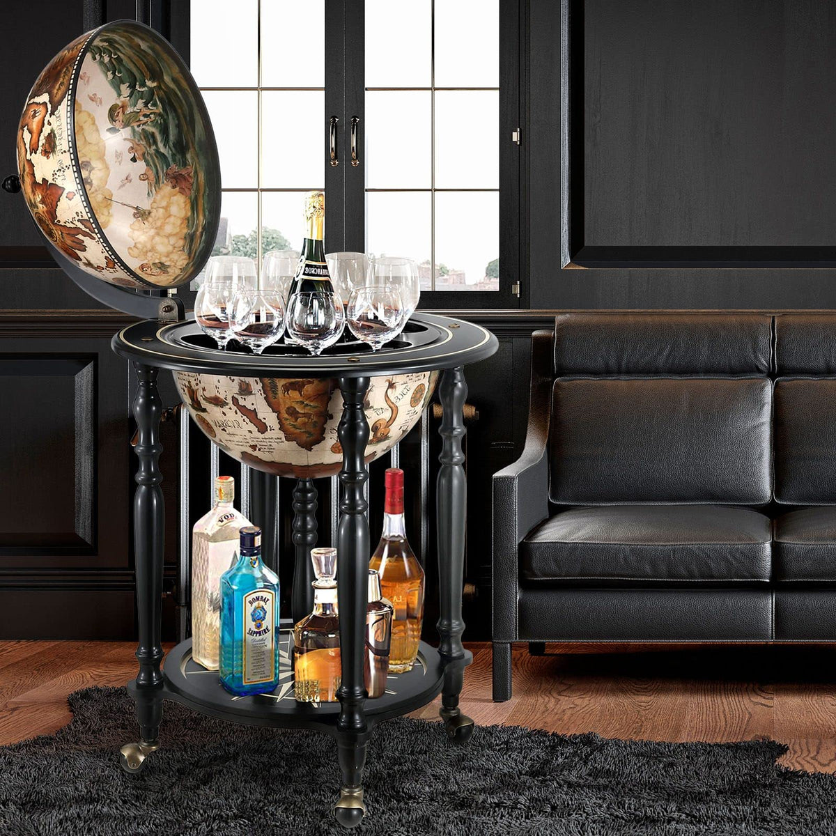 Antique-Style Globe Drinks Trolley with Bottle Storage