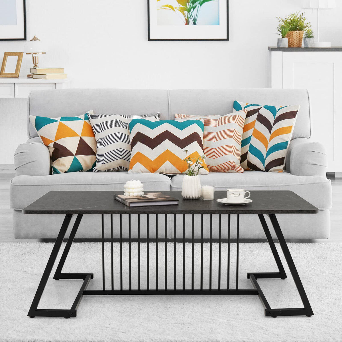 Black Faux-Marble Coffee Table with Steel Legs