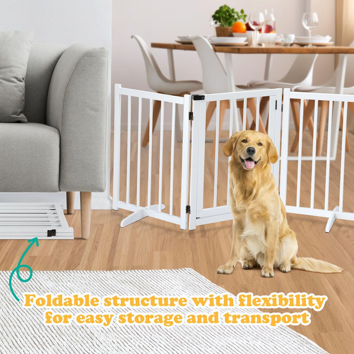 Freestanding Dog Gates with Walk Over Door,Pet Dog Gate Wooden,Foldable Dog Fence Pet Gate Puppy Safety Guard,Indoor Pet Playpen Cat Barrier Protection Net Stair Partition,White with 3 Panels