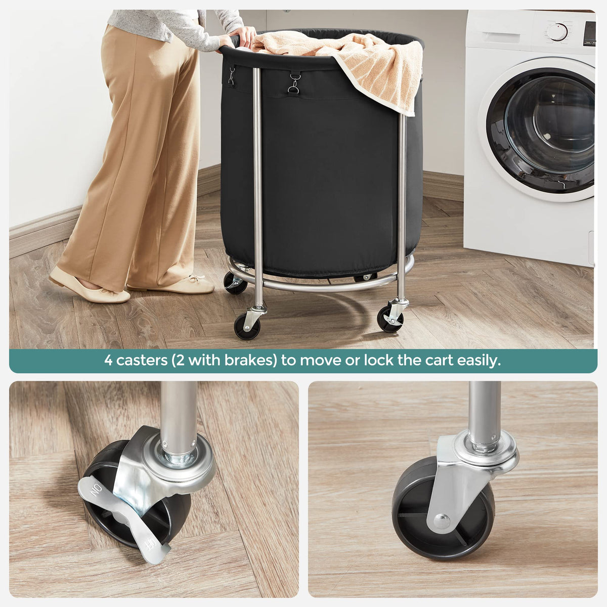 Laundry Basket with Wheels, Rolling Laundry Hamper, Round Laundry Cart with Steel Frame and Removable Bag, 4 Casters and 2 Brakes, Black and Silver URLS001B01