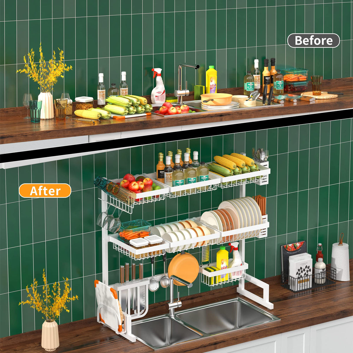 86–113 cm White 3-Tier Over-Sink Dish Drying Rack