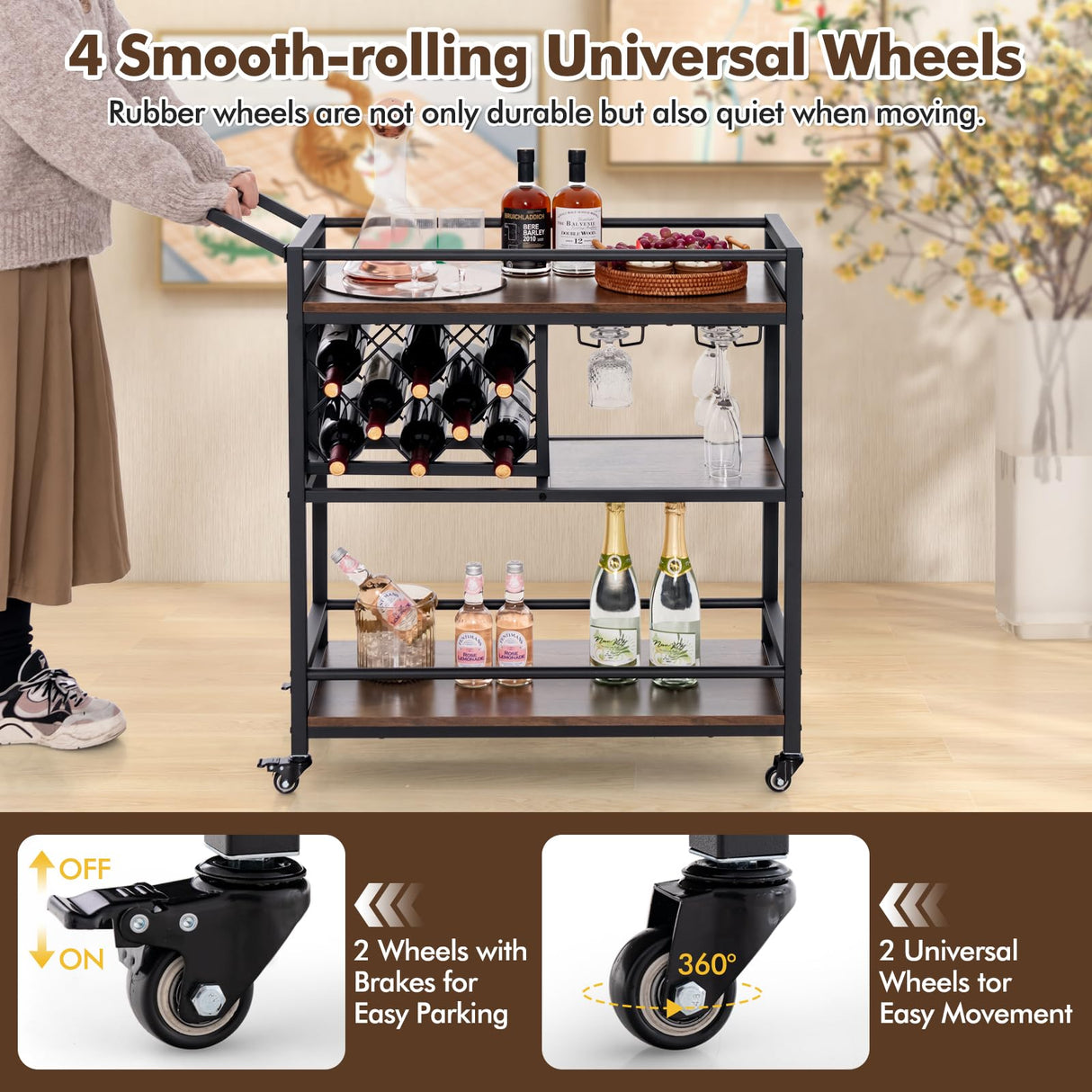 3-Tier Bar Cart on Wheels, Serving Cart w/Wine Rack & Glasses Holder, Heavy-Duty Metal Frame Mobile Drink Cart, Rolling Beverage Storage Cart w/Lockable Wheels for Kitchen, Dining Room
