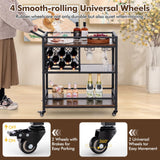 3-Tier Bar Cart on Wheels, Serving Cart w/Wine Rack & Glasses Holder, Heavy-Duty Metal Frame Mobile Drink Cart, Rolling Beverage Storage Cart w/Lockable Wheels for Kitchen, Dining Room