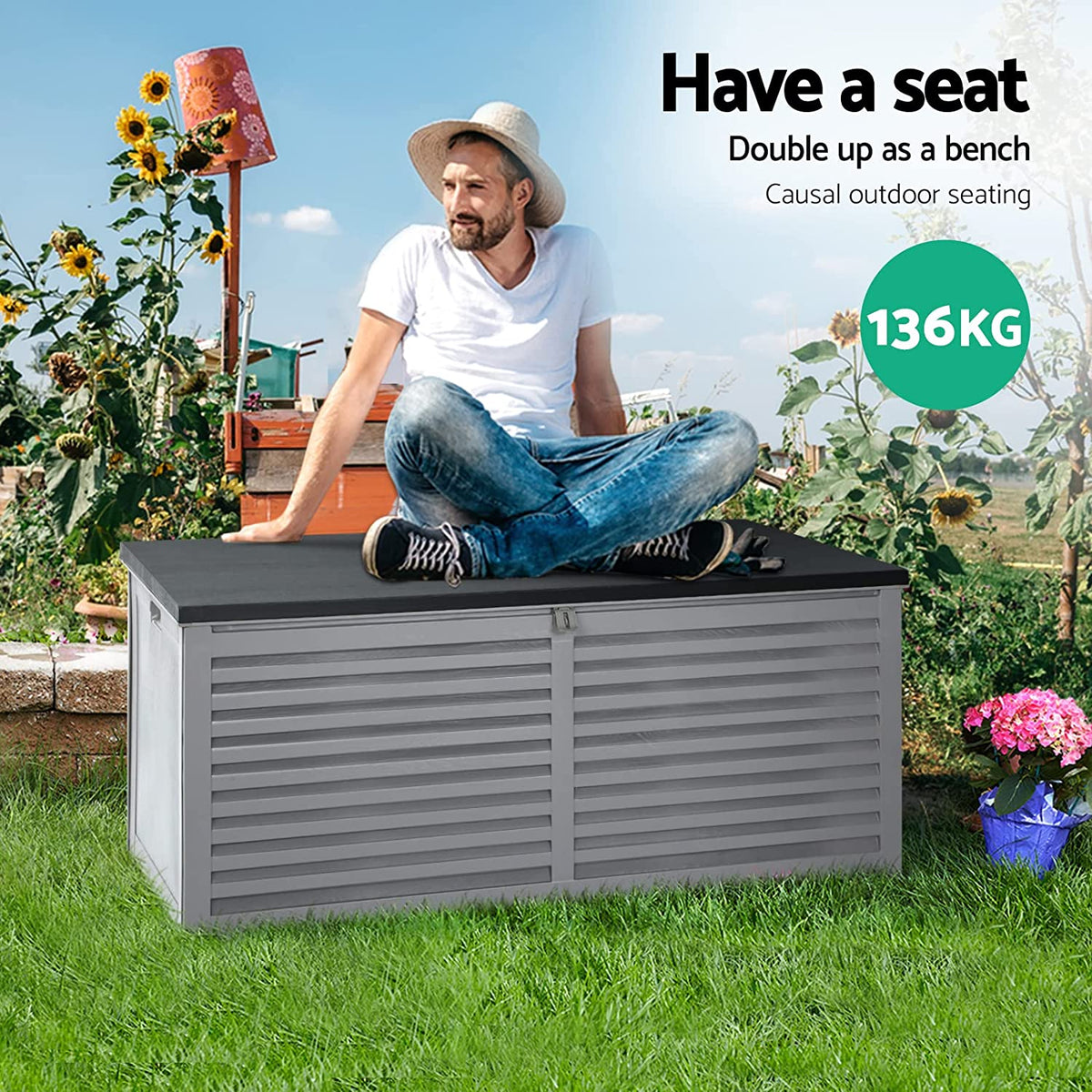Gardeon Outdoor Storage Box Bench Seat Lockable Garden Deck Toy Tool Sheds 390L