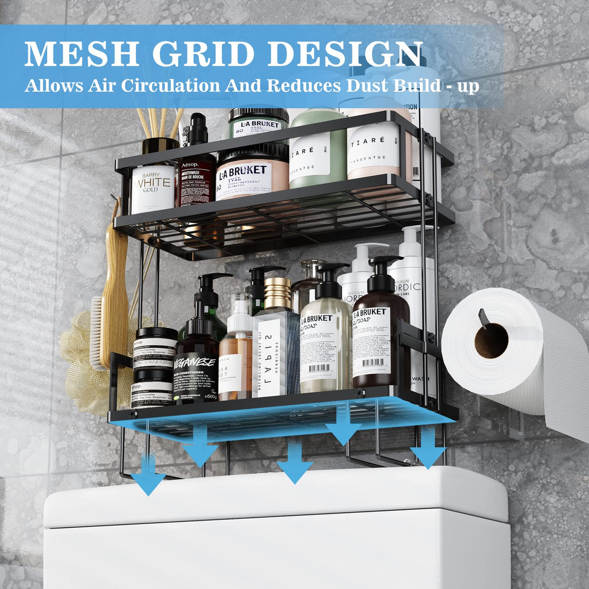 2-Tier Bathroom Over The Toilet Storage Shelf, Bathroom Storage Organizer with Toilet Paper Holder, Space Saver,Black