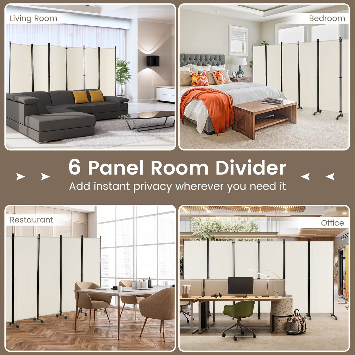 334.5 × 172 cm 6-Panel Rolling Room Divider – 4 Colours