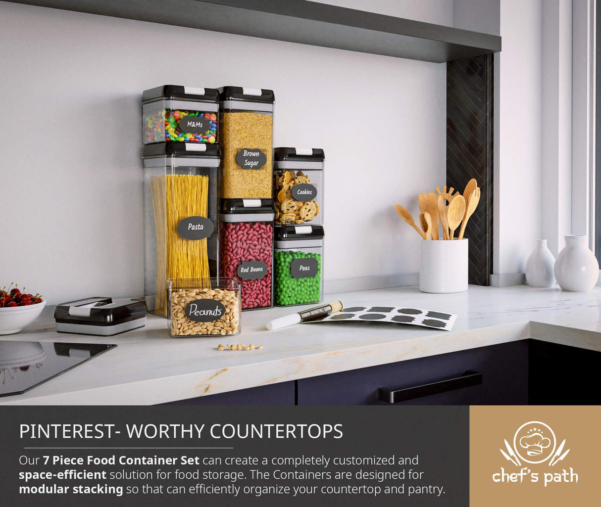 Airtight Food Storage Container Set - 7 PC Set - Chalkboard Labels & Marker - Kitchen & Pantry Containers - BPA-Free - Clear Plastic Canisters with Improved Durable Lids