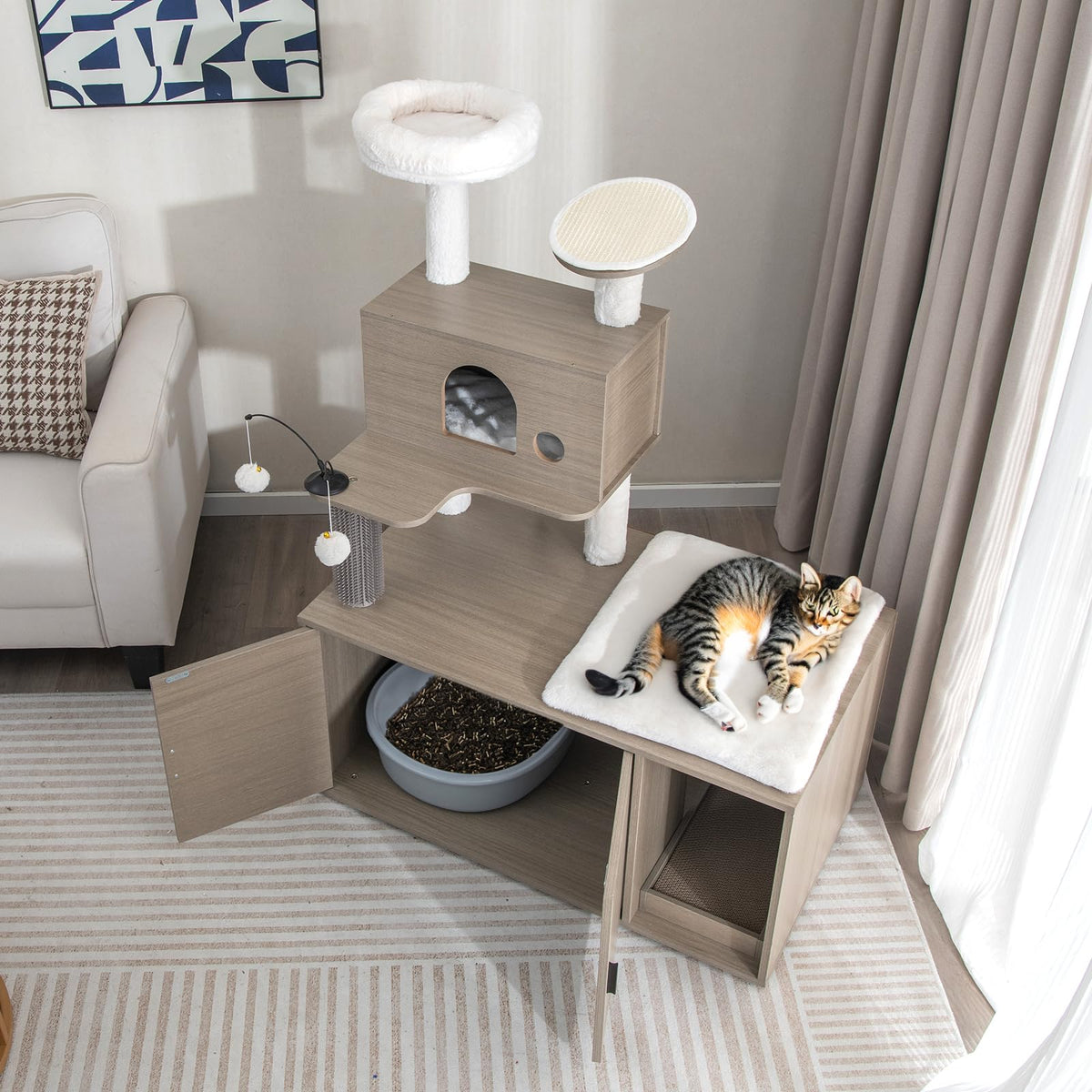 132cm 2-in-1 Cat Tree with Litter-Box Cabinet