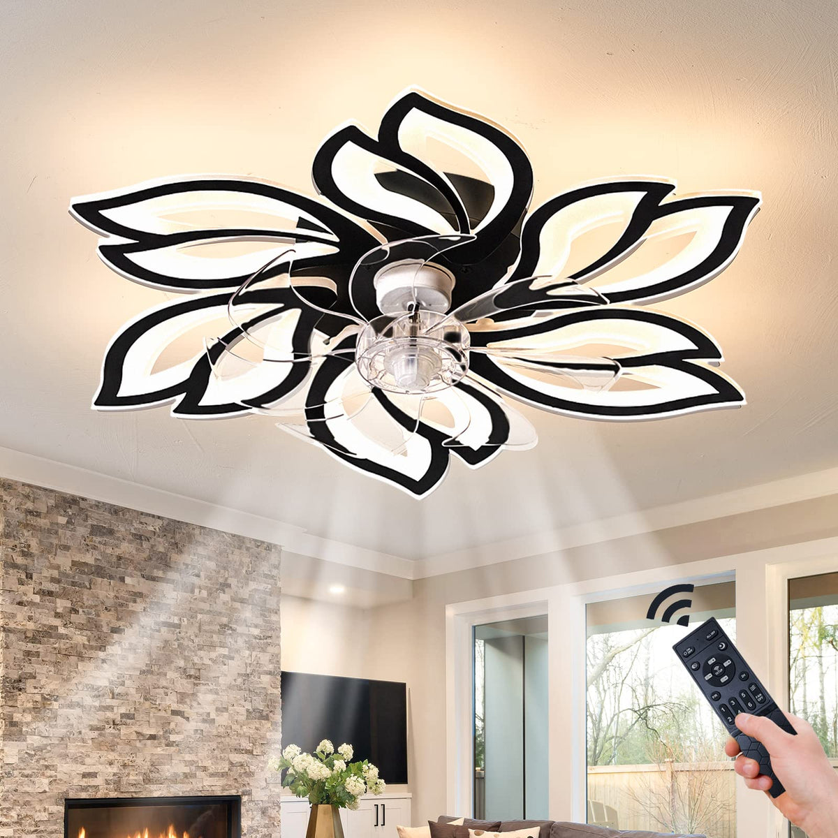Low Profile Ceiling Fans with Lights, Modern Dimmable Flower Shape Ceiling Light Fan with Remote Control/app Control,Timing 6 Gear Speeds Fan Ceiling Lamp.