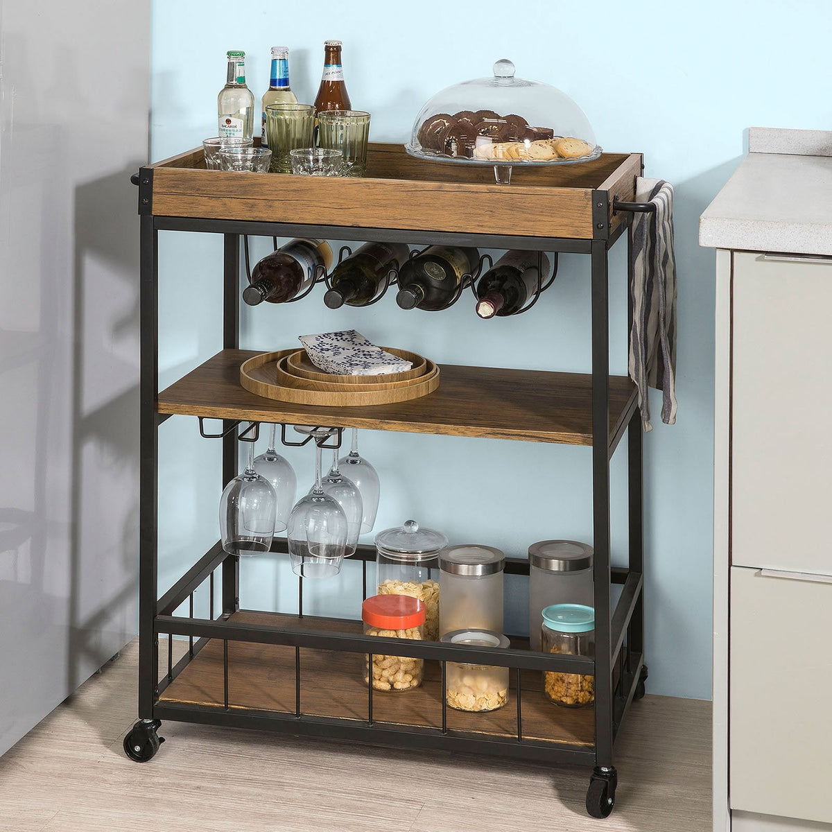 3-Tier Industrial Serving Cart with Removable Tray