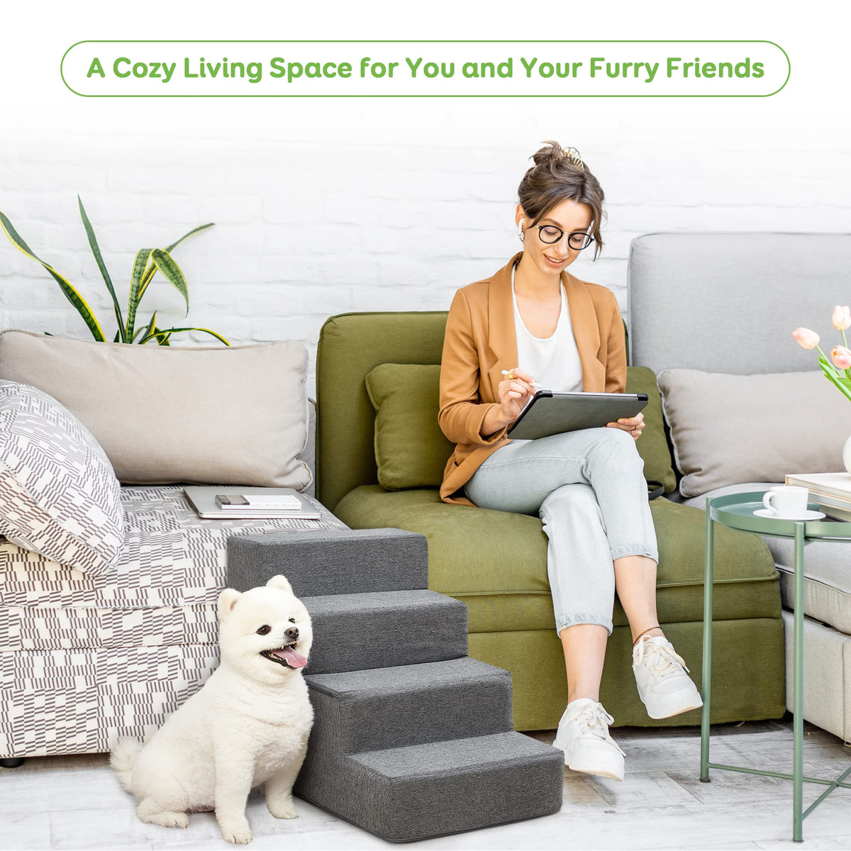 4-Step Grey Pet Stairs with Foam Core & Washable Cover – 45 cm