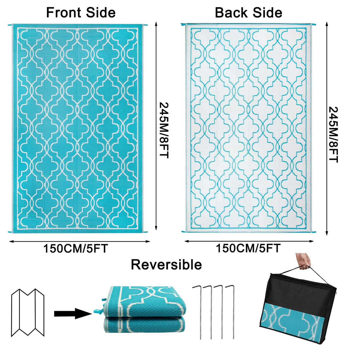 150 × 245 cm Aqua-Blue Reversible Outdoor Rug