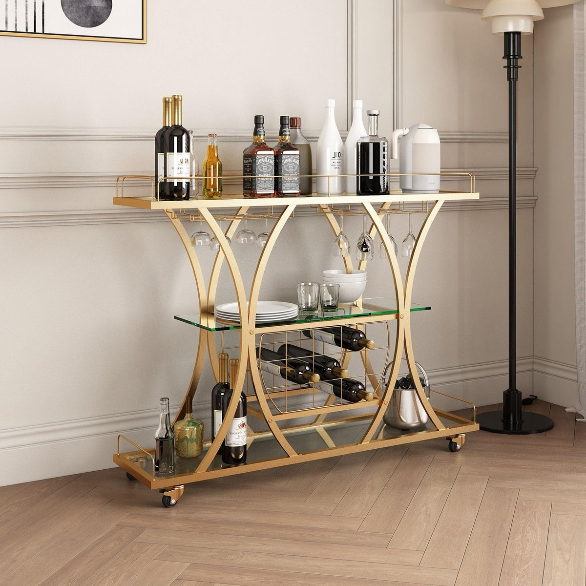 3-Tier Gold Bar Cart with Glass & Wine Racks