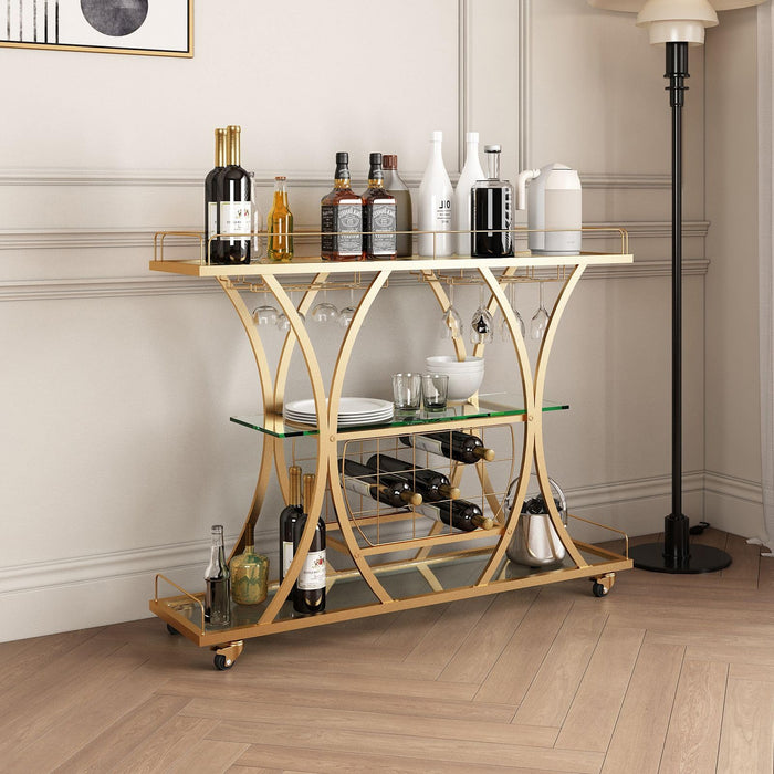 3-Tier Gold Bar Cart with Glass & Wine Racks