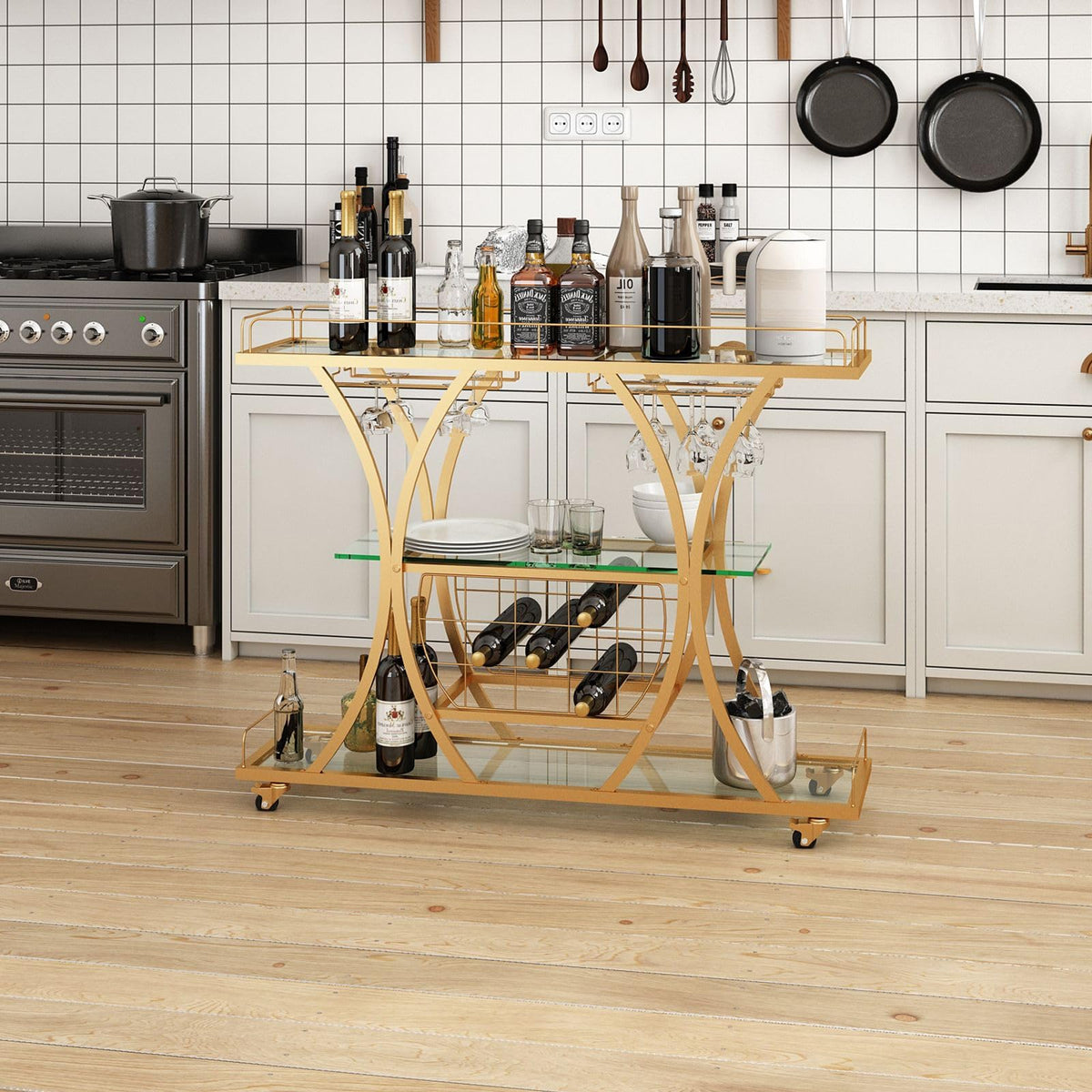 3-Tier Gold Bar Cart with Glass & Wine Racks