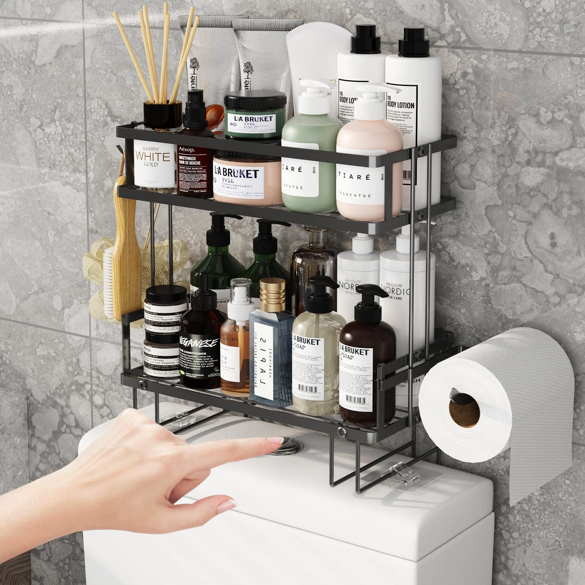 2-Tier Bathroom Over The Toilet Storage Shelf, Bathroom Storage Organizer with Toilet Paper Holder, Space Saver,Black