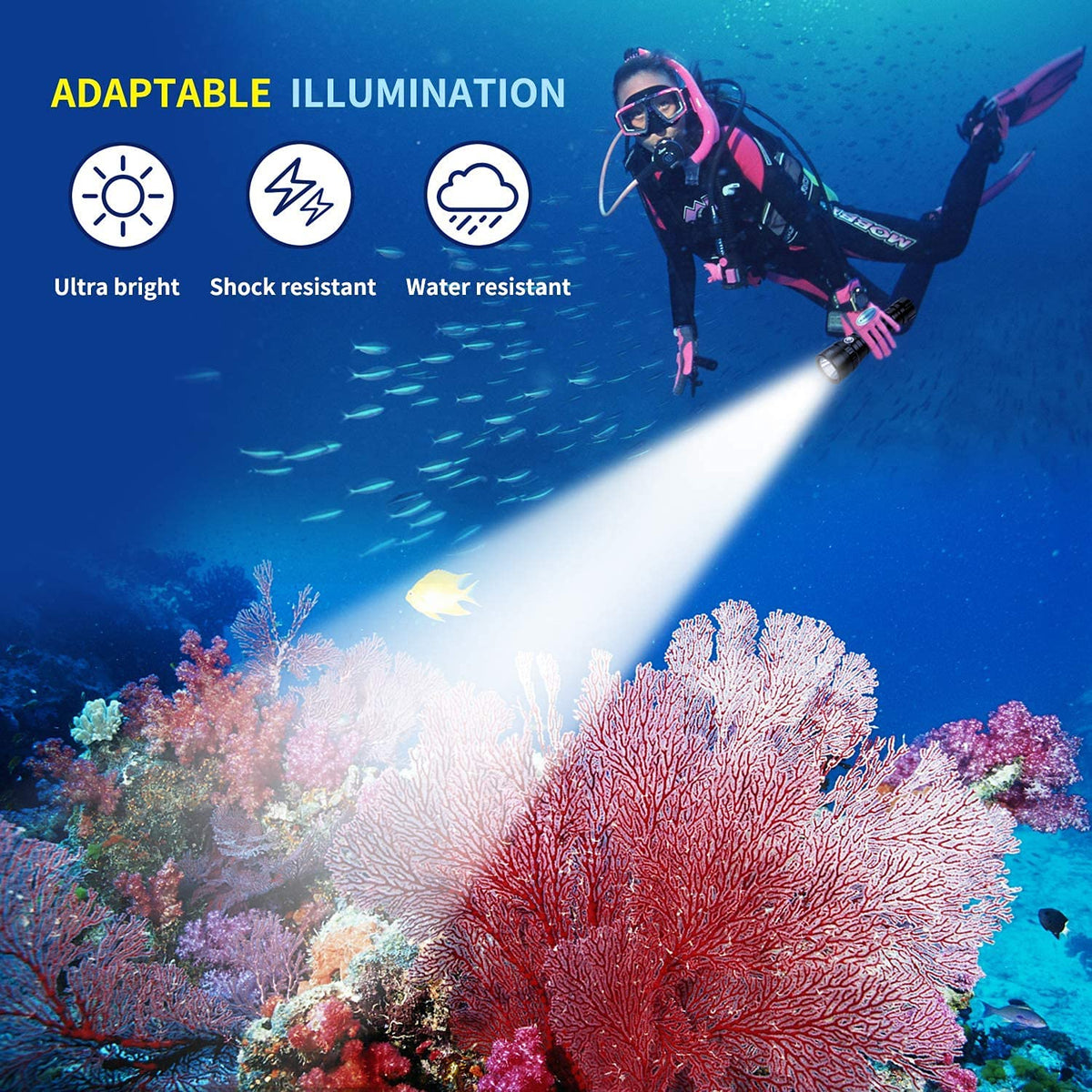Dive Torch Max 2000 Lumen Dive Flashlight, IPX8 Waterproof Scuba Diving Torch, Submarine Flashlight with Luminus SST40 LED, Professional Snorkeling Light for Under Water Deep Sea Cave(5000K)