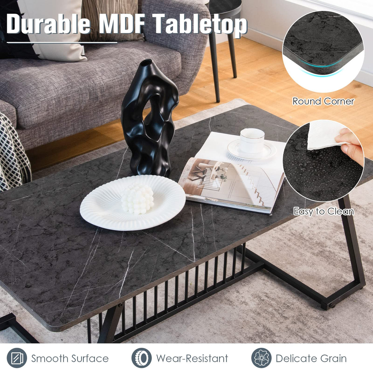 Black Faux-Marble Coffee Table with Steel Legs