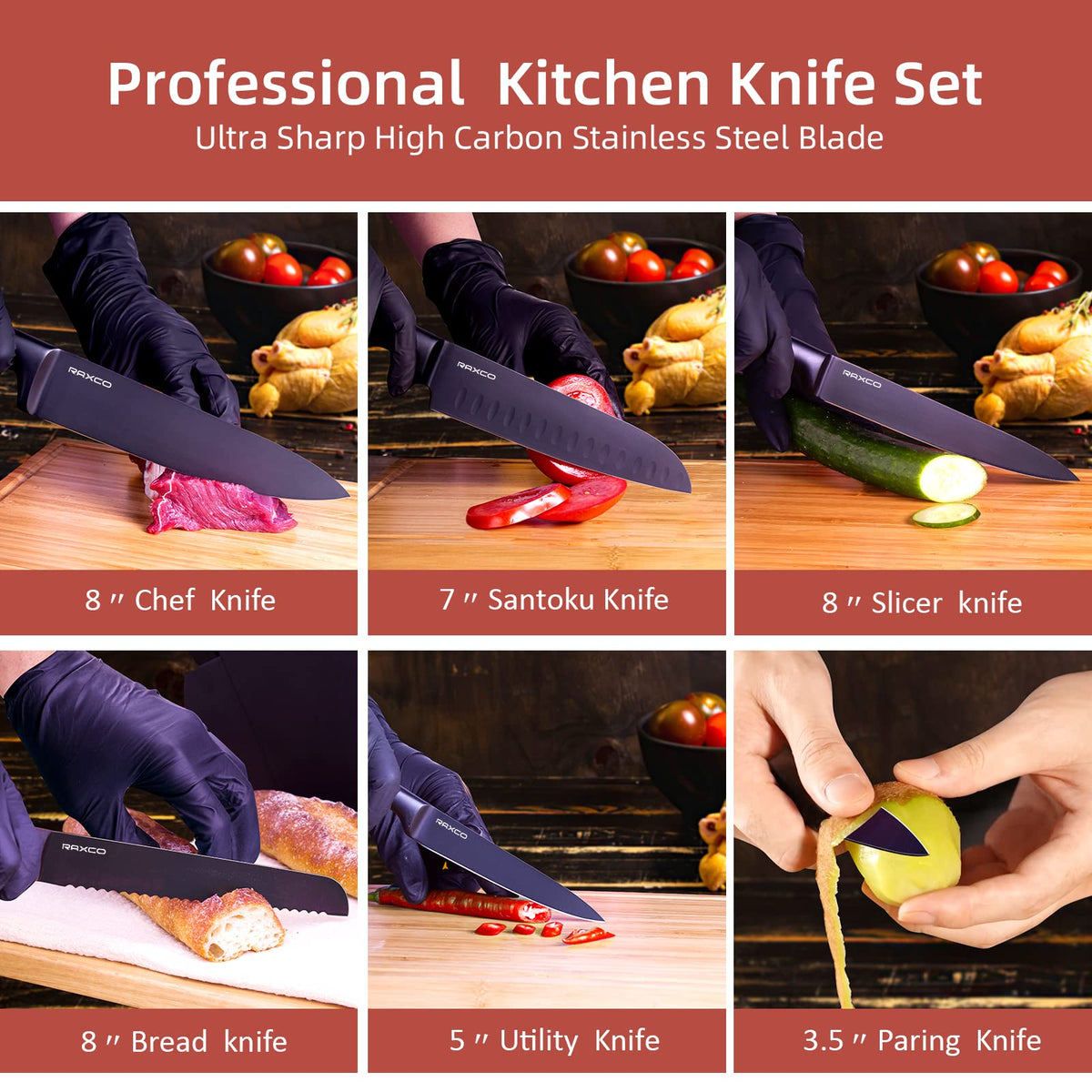 19-Piece Black Kitchen Knife Set with Oak Storage Block
