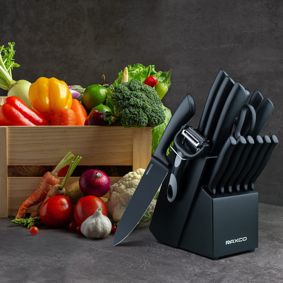 19-Piece Black Kitchen Knife Set with Oak Storage Block
