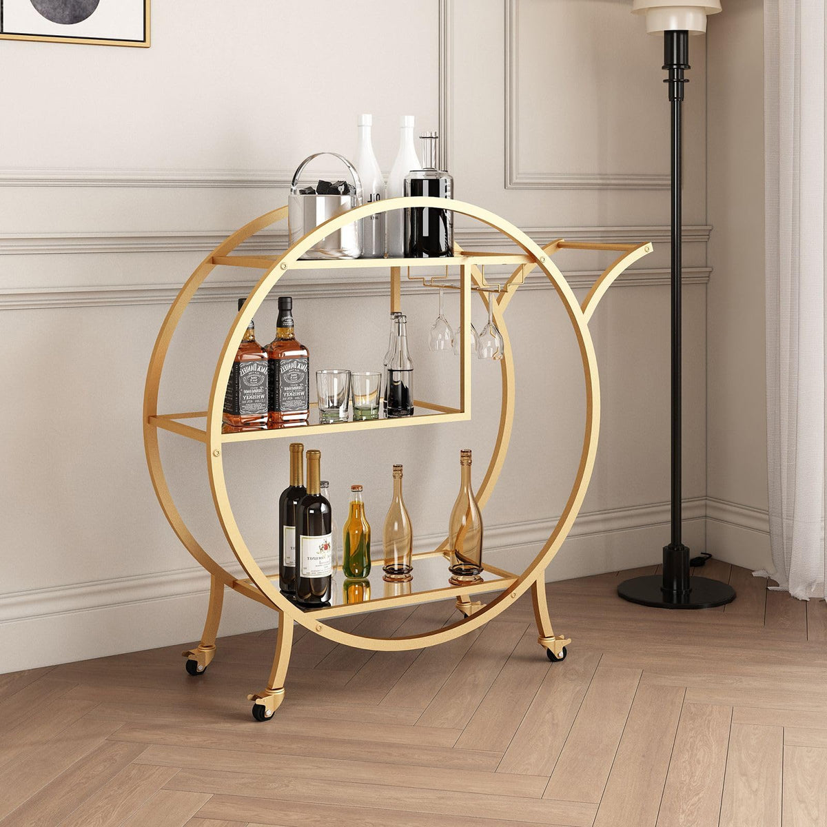 3-Tier Round Gold Bar Cart with Mirrored-Glass Shelves