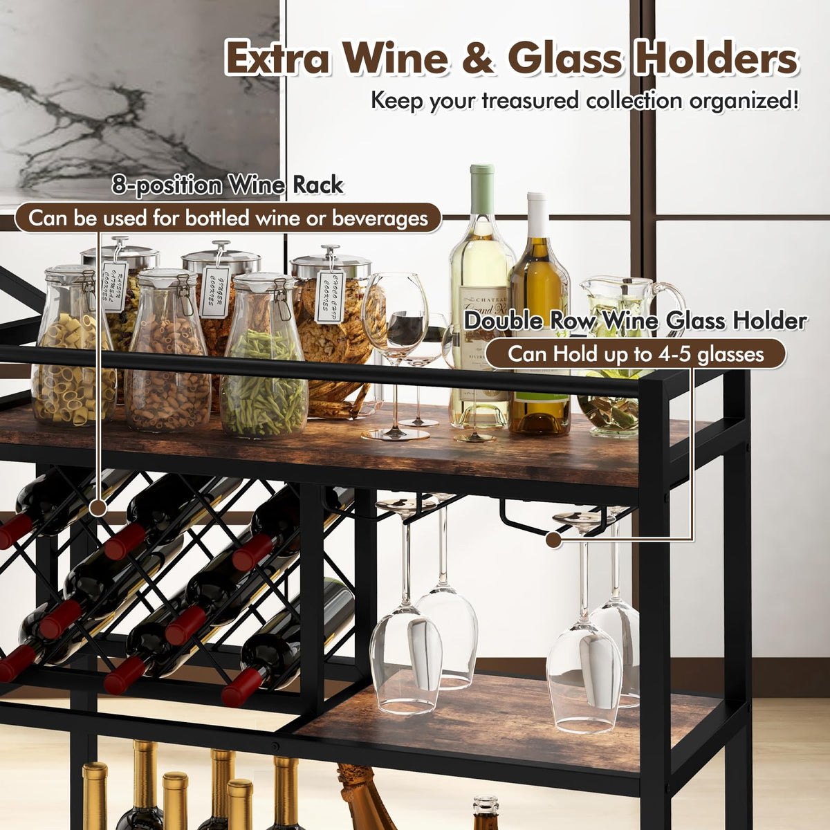 3-Tier Bar Cart with Wine Rack & 2-Row Glass Holder