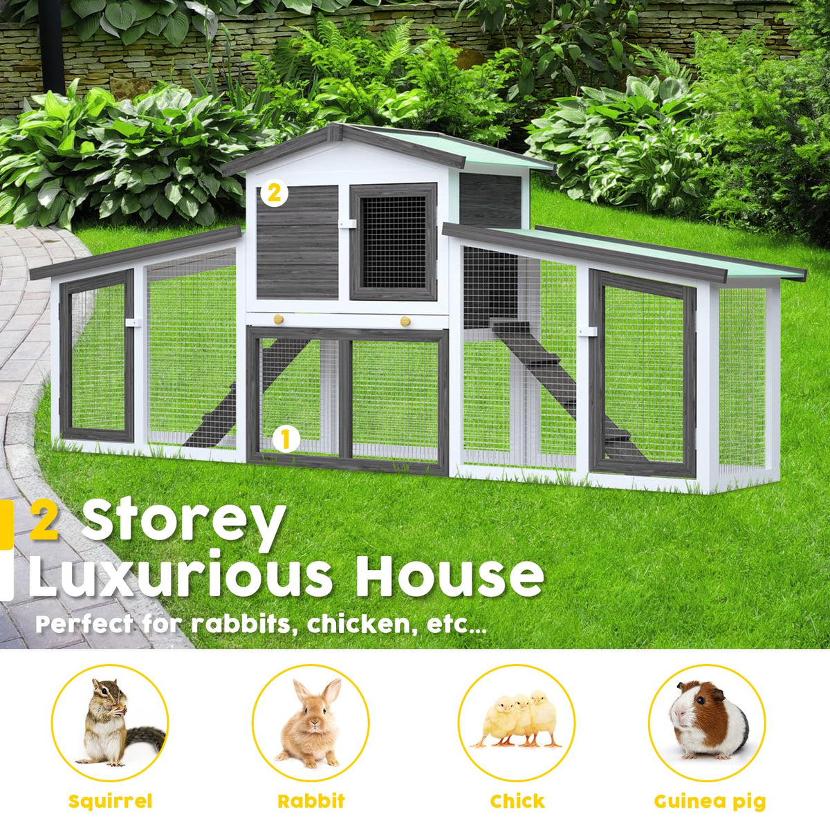 Long Grey Two-Level Fir-Wood Small-Animal Hutch – 204 × 45 × 85 cm