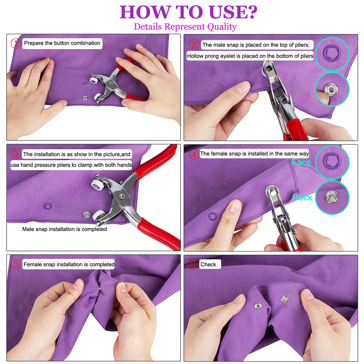 200-Set 9.5mm Metal Snap Fastener Kit with Pliers – 10 Colours