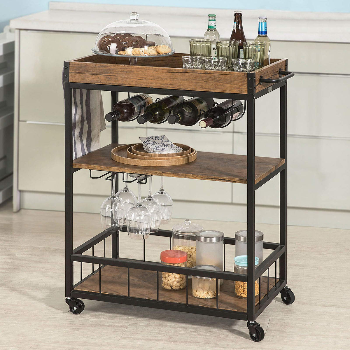 3-Tier Industrial Serving Cart with Removable Tray