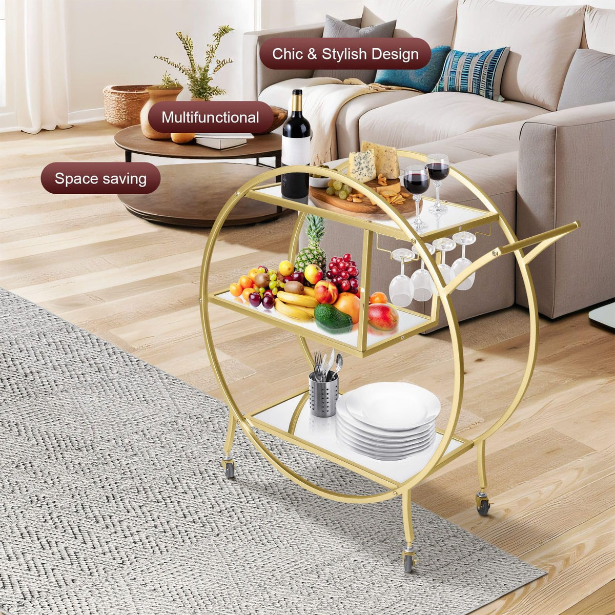 3-Tier Round Gold Bar Cart with Mirrored-Glass Shelves
