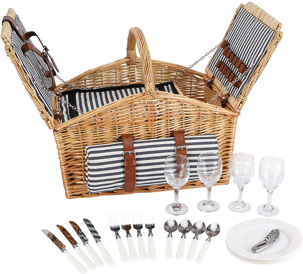 Picnic Hamper for 4 Persons with Double Lids and 'Built-in' Insulated Cooler, Natural Wicker Picnic Basket with Canvas Stripe Lining, Willow Picnic Set (Navy Stripe)