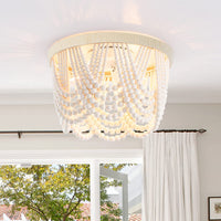 Wood Beaded Chandelier Flush Mount Ceiling Light,Farmhouse Antique White with Hemp Rope Mini Pendant Light Fixture for Bedroom,Hallway, Entryway, Passway, Dining Room,3-Light